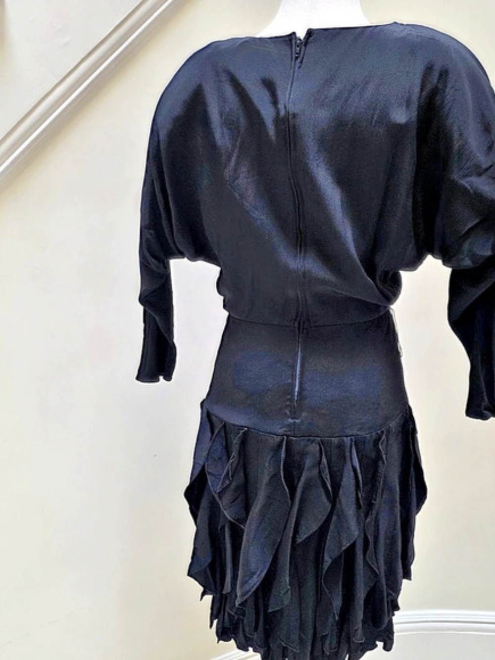Vintage 80s Black Drop Waist Ruffle Skirt Party Dress Dolman Sleeve Mini LBD